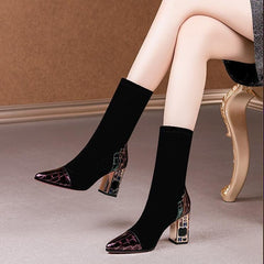 Rhinestone Velvet Pointed Toe High-Heeled Ankle Boots
