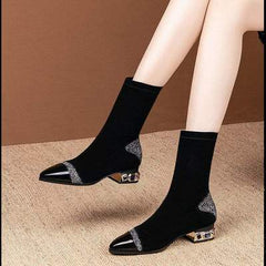 Rhinestone Velvet Pointed Toe High-Heeled Ankle Boots