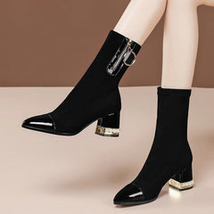 Rhinestone Velvet Pointed Toe High-Heeled Ankle Boots