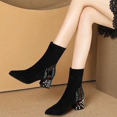 Rhinestone Velvet Pointed Toe High-Heeled Ankle Boots