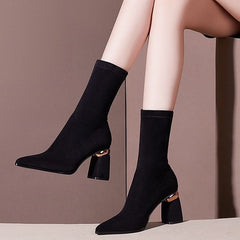 Rhinestone Velvet Pointed Toe High-Heeled Ankle Boots