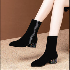 Rhinestone Velvet Pointed Toe High-Heeled Ankle Boots
