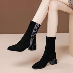 Rhinestone Velvet Pointed Toe High-Heeled Ankle Boots
