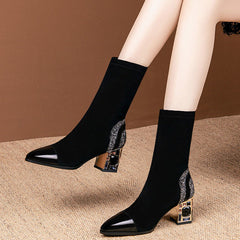 Rhinestone Velvet Pointed Toe High-Heeled Ankle Boots